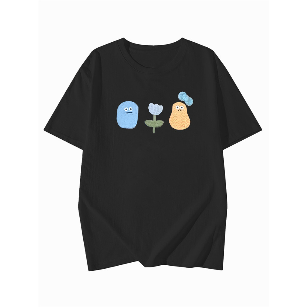 ผู้หญิง เสื้อยืดพิมพ์ลายการ์ตูนน่ารัก| ท็อปแขนสั้นสีดำสำหรับฤดูร้อน ดีไซน์ลายเรขาคณิตที่สนุกสนาน ผ้าที่นุ่มสบาย สไตล์ลำล