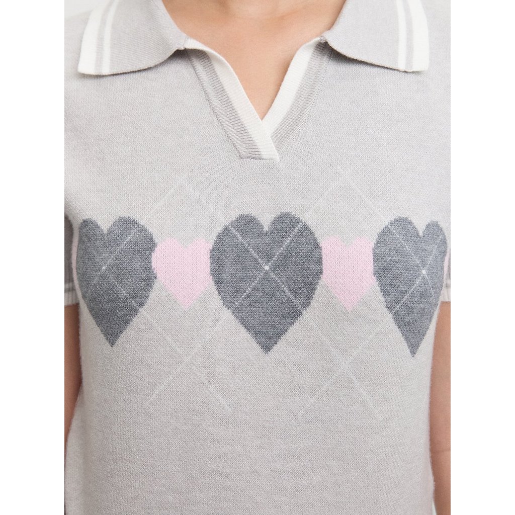 [Pomelo] เสื้อโปโลผ้าถักลายหัวใจ / Heart Polo Knit Top — صورة 3