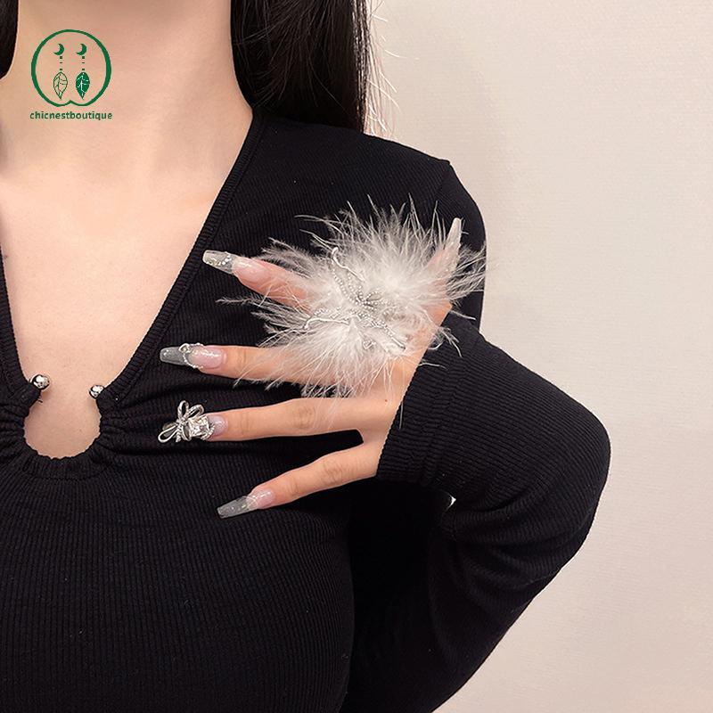 [Chicnest] Feathered Butterfly Open Rings For Nail Photo Shoot Plush Craft Photography Nail Ring Stu