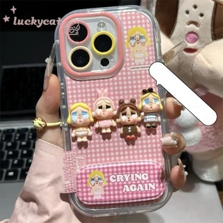 3D DIY เด็กสีชมพู Gird จุดสีดํารูปแบบเคสโทรศัพท์ + กระจกหนังสําหรับ iPhone 16 15 14 13 12 11 Pro Max X Xr Xs Max 7 8 Plus SE2020