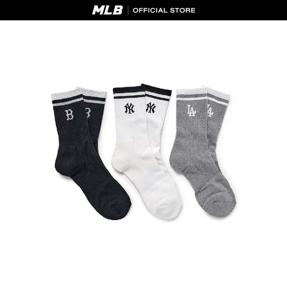 MLB ถุงเท้า ยูนิเซ็กซ์ Daily Stripe Crew Socks 3Pairs Set รุ่น 3ASOMA25N 00MGS สีเทา, สีขาว, สีดำ