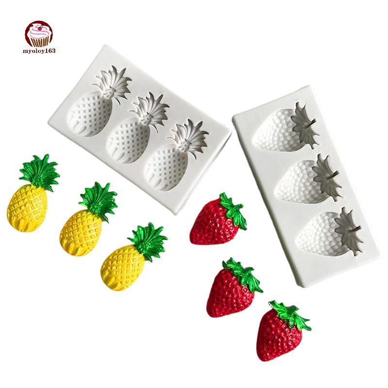 Myoloy 3 Cavities สับปะรดสตรอเบอร์รี่ซิลิโคน Sugarcraft แม่พิมพ์เครื่องมือเรซิน Cupcake เบเกอรี่ Mould Fondant เค้กตกแต่งเครื่องมือ TH