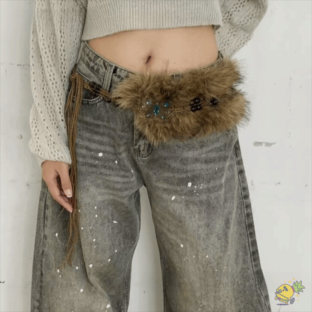 เข็มขัดคาดเอวแบบผูกเชือก ดีไซน์วินเทจหรูหรา faux fur สไตล์ยุคปี 2000 bohemian ขนหนาฟักกี้สำหรับผู้หญิง