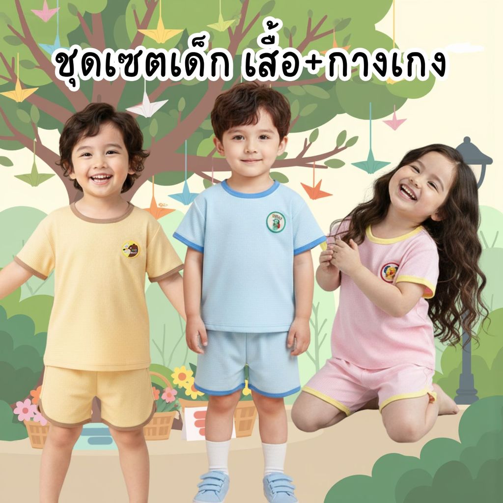 Dolemi Baby ชุดเซตเด็ก 2 ชิ้น เสื้อโปโล กางเกงขาสั้น สีครีม สีน้ำตาล แขนสั้น ผ้าวาฟเฟิล ผ้ารังผึ้ง