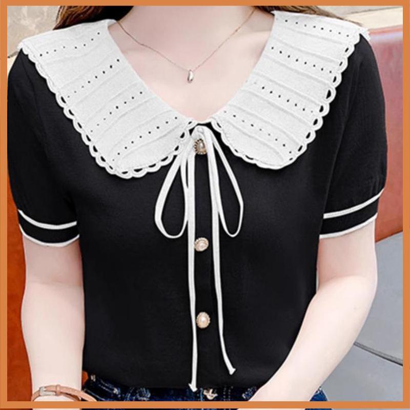 [SMD]ฤดูร้อนเกาหลีหวานโบว์ผูกนัวเนียคอตุ๊กตาแขนสั้นเสื้อถักอเนกประสงค์สําหรับผู้หญิง [ว]