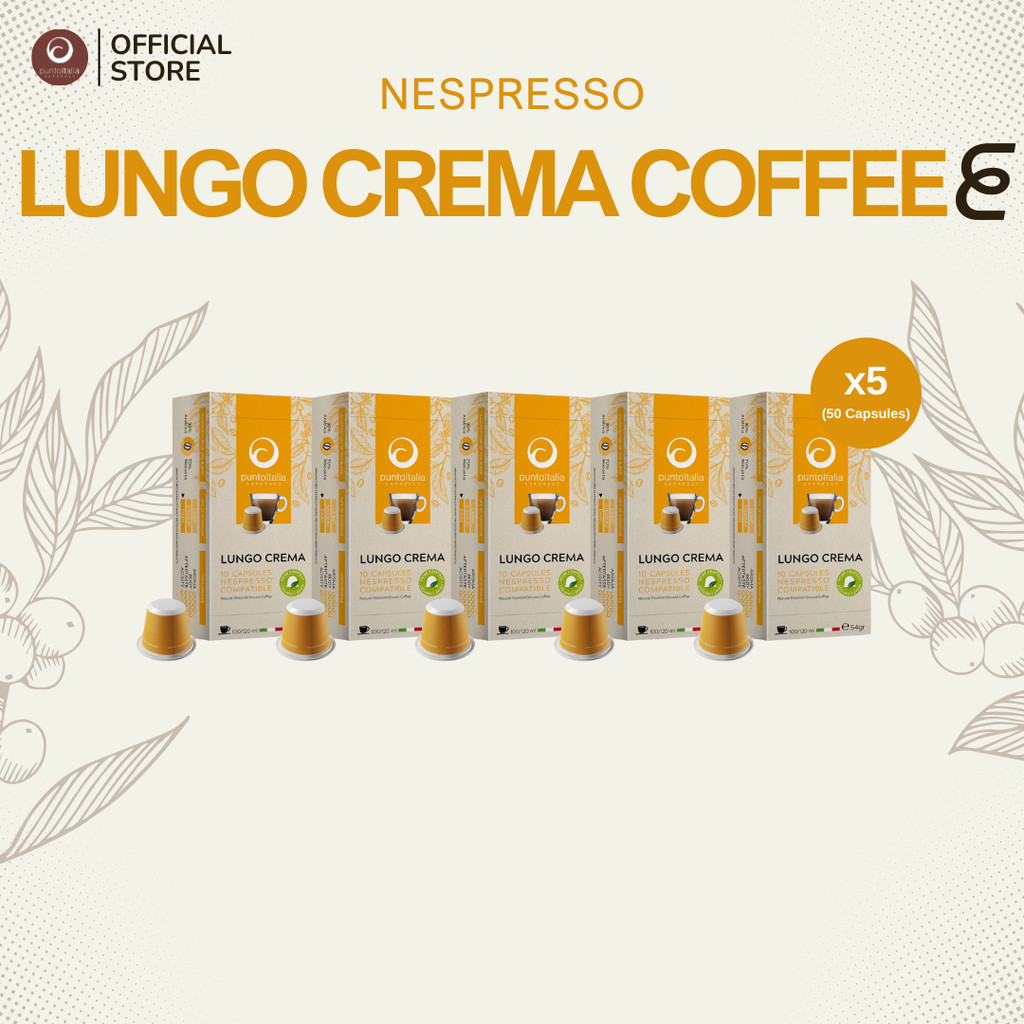 (เซ็ต 5 กล่อง x10 แคปซูล) กาแฟแคปซูล LUNGO CREMA สำหรับ Nespresso® (PUNTO ITALIA ESPRESSO BRAND)