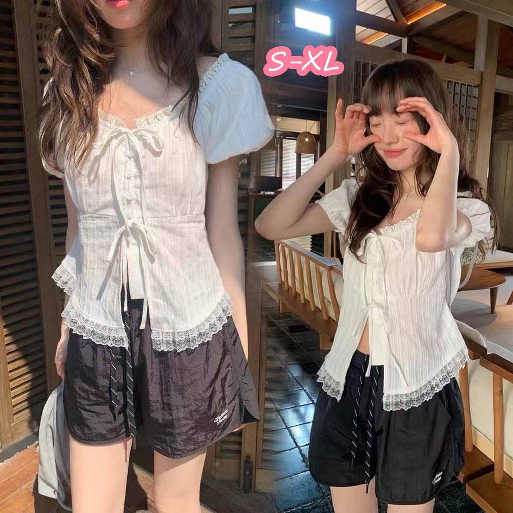 Black#เสื้อแขนสั้นผูกเอวแต่งลูกไม้สุดหวานและมีสไตล์สำหรับผู้หญิง เสื้อตัวเก่งสำหรับฤดูร้อนที่ดูเก๋และไม่เหมือนใคร w712