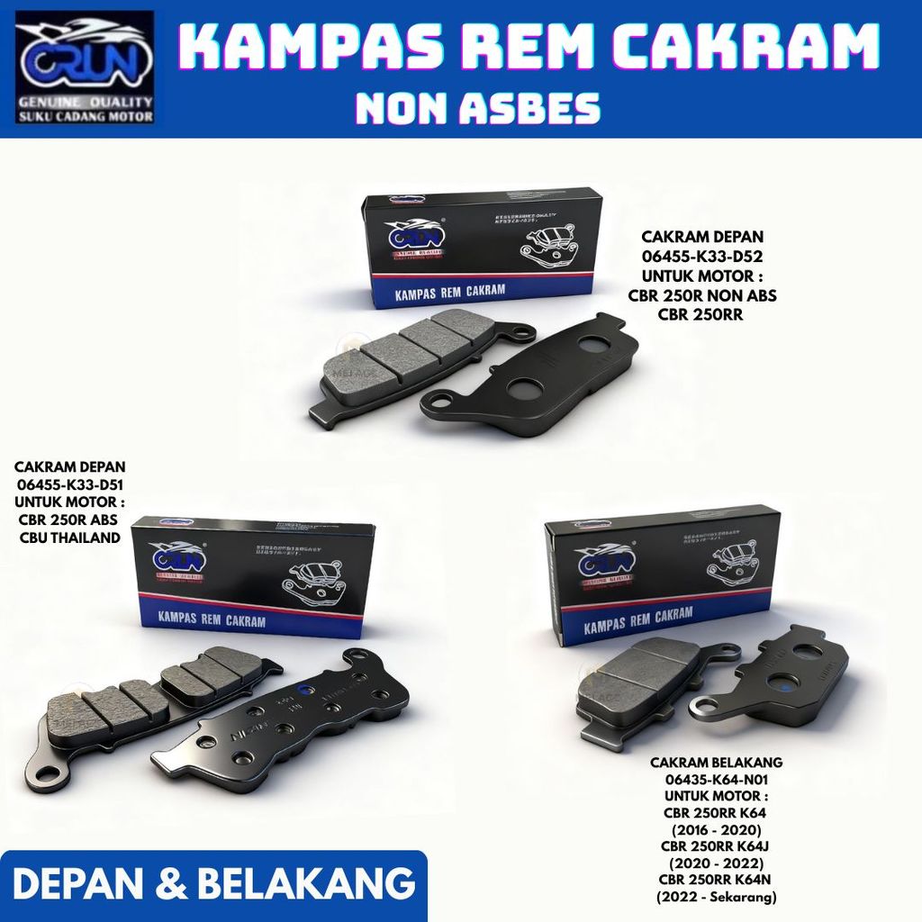CRUN ผ้าเบรคหน้าและหลังสําหรับ Honda CBR250R CBR250RR CBR 250R CBR 250RR Dispad