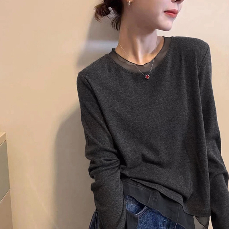 เสื้อยืดแขนยาวตาข่ายคอกลมลูกไม้ฤดูใบไม้ร่วงฤดูหนาวสําหรับผู้หญิงสําหรับใส่ด้านใน