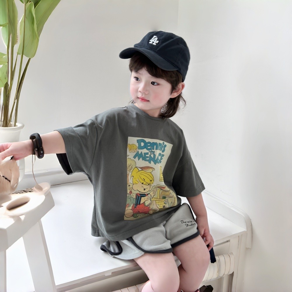 Theioioio กางเกงขาสั้นเด็ก ผ้าคอตตอนรังผึ้ง  100% สไตล์สปอร์ตเรโทร สีเทาขาว นุ่มระบายอากาศดี 2-6 ขวบ