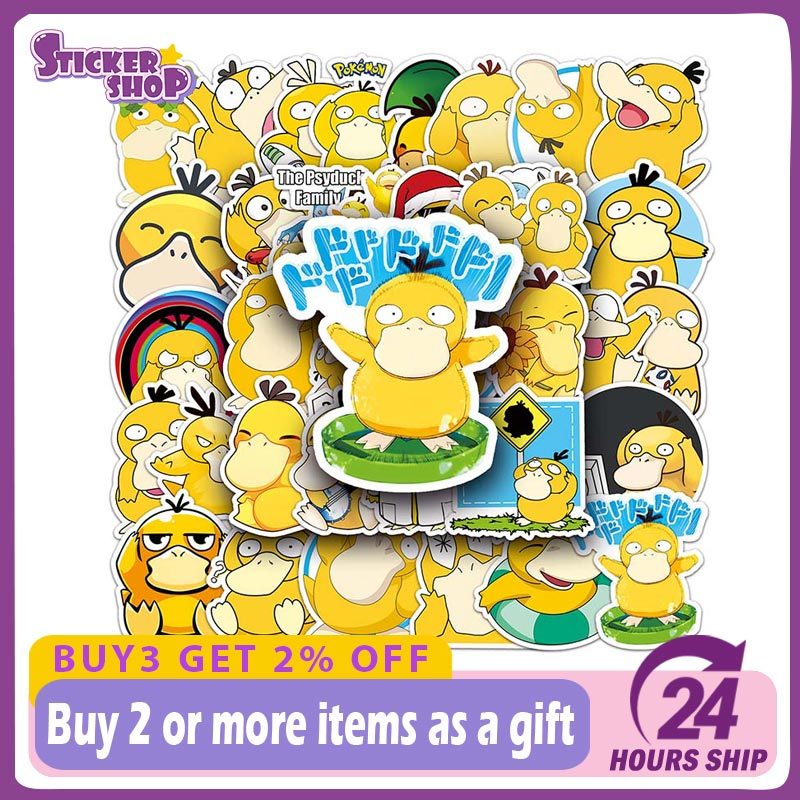 50pcs Anime Pokemon Psyduck สติกเกอร์โทรศัพท์แล็ปท็อปโน้ตบุ๊คกระเป๋าเดินทางสติกเกอร์ตกแต่งเด็กของขวั