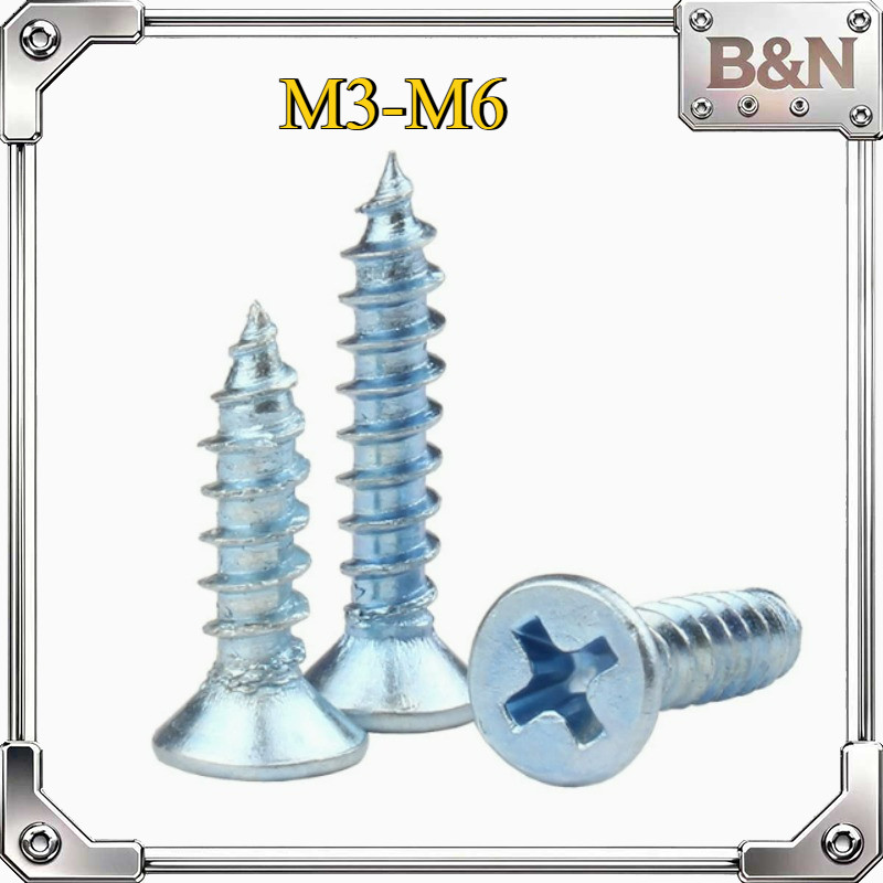 ชุบสังกะสีสีน้ำเงิน น็อต สกรู หัวเตเปอร์ หัวเรียบ แฉก F+สกรูเกลียวปล่อย Flat Head Tapping Screw  M3/M4/M5/M6 * L6-100MM B&N-2