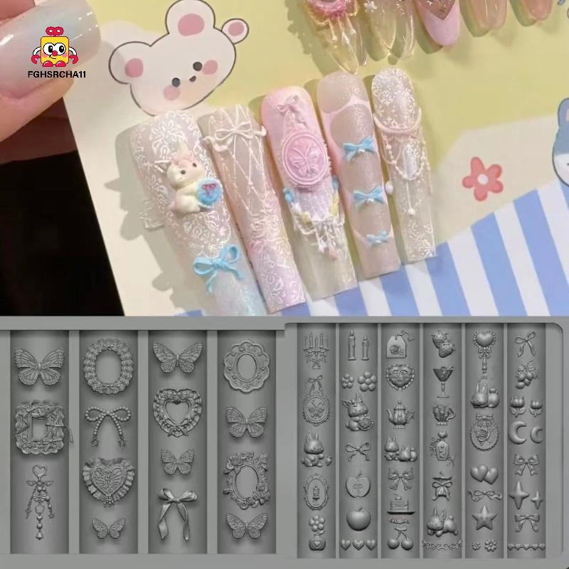 FG 1pcs Nail Art แม่พิมพ์ซิลิโคนโบว์หัวใจผีเสื้อกระต่าย 3D แม่พิมพ์ตกแต่งเล็บเหมาะสําหรับ DIY ออกแบบซิลิโคนเล็บแม่พิมพ์ HS