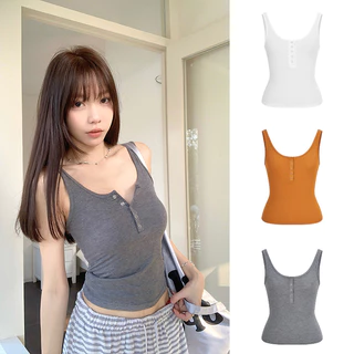 <Moses Queen> เสื้อกล้ามสีแดงคอเปิดครึ่งตัวติดกระดุมสำหรับผู้หญิง เสื้อคลุมฤดูร้อน เสื้อชั้นใน แขนกุด