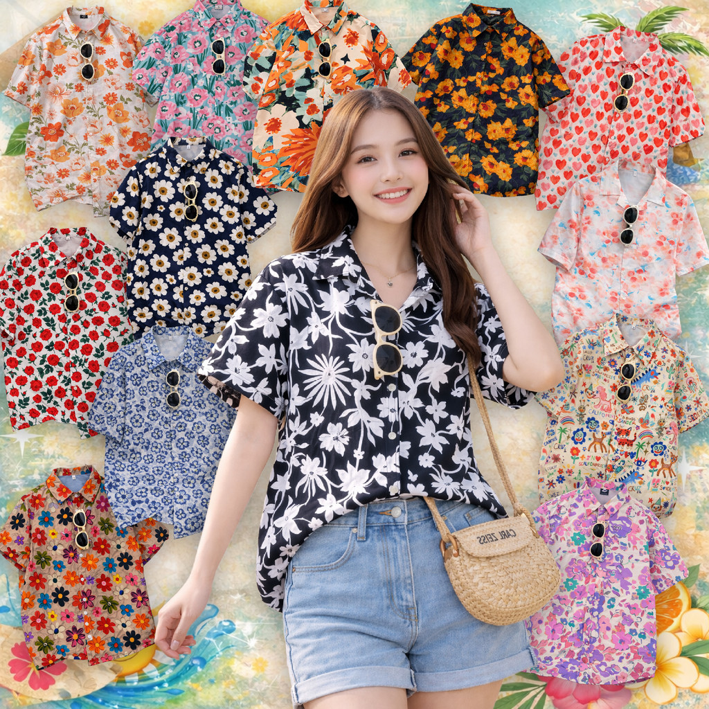 เสื้อสงกรานต์ ผู้หญิง ลายดอก สีดำดอกขาว คอปก แขนสั้น กระดุมหน้า ผ้าไหมอิตาลี สีไม่ตก เสื้อฮาวาย #312