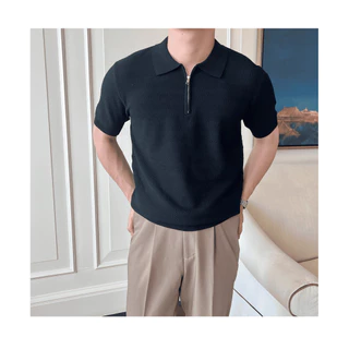 【Houch พร้อมส่ง COD】เสื้อโปโลผู้ชายสีทึบปกเสื้อซิปกีฬาแขนสั้นฤดูร้อนสบาย ๆ สบาย ๆ