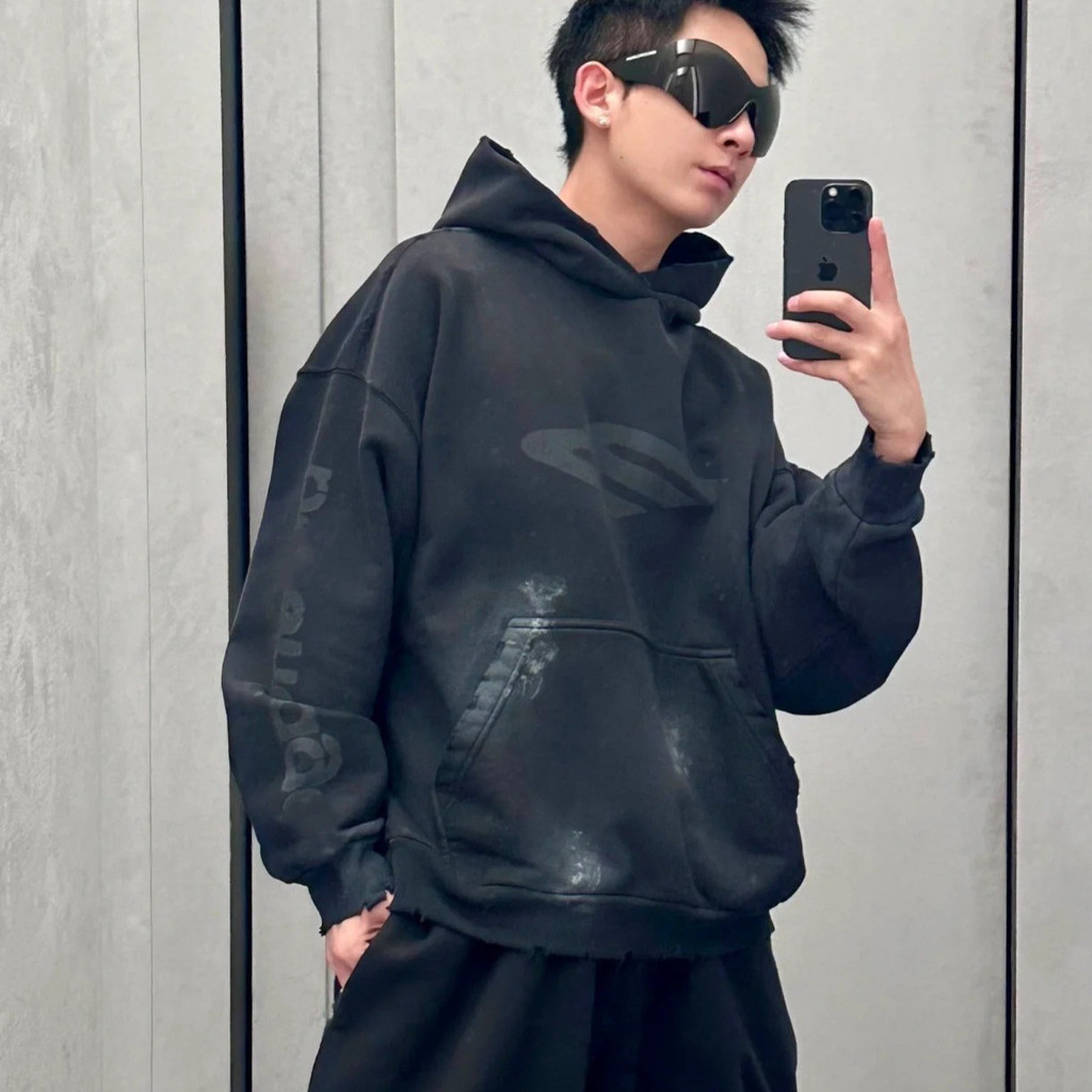 KXCI B-LG Dyed with mud, hand-painted, distressed and aged3B Printed hooded sweatshirt M Letter prin