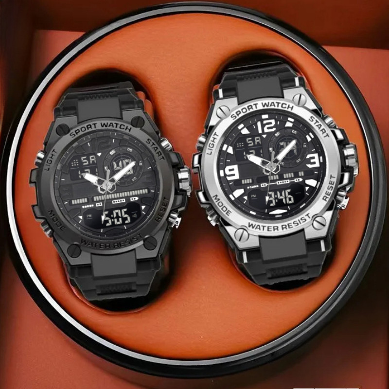 ผู้ชายนาฬิกาดิจิตอล Dual Display Time Alarm Multifumcation นาฬิกาสปอร์ตกันน้ํา