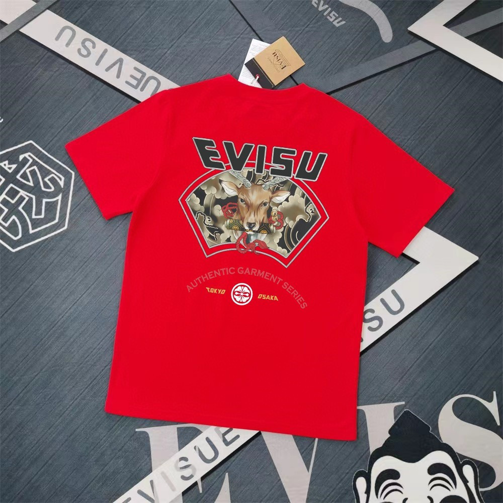 Evisu/Fushen/6XL/2026 สไตล์ใหม่ 6XL คลาสสิกรอบคอแขนสั้นเสื้อยืดผู้ชายผู้หญิงขนาดใหญ่สบายที่มีสีสันผ้