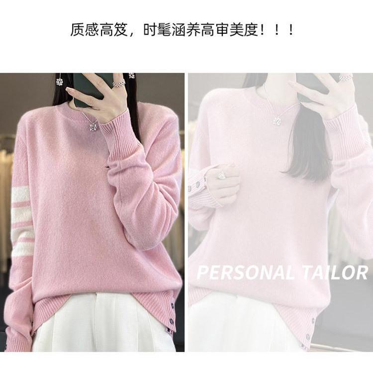 แคชเมียร์ด้านบน จุดต่ําสุด แฟชั่นสไตล์ใหม่รอบคอสีสินค้าผู้หญิงเย็บปะติดปะต่อกันยุโรปสีชมพูเสื้อผู้หญ