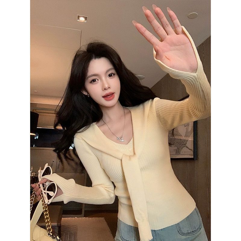 ผู้หญิงสวมใส่ท็อปส์ฤดูใบไม้ผลิฤดูร้อนแฟชั่นเสื้อถักชุดสองชิ้นสลิมฟิตผ้าคลุมไหล่Dopamineเกาหลีร้อนปลา