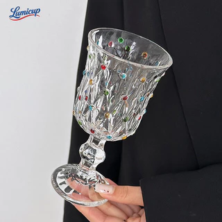แก้วกระจก230ml ลายสลักคริสตัลจุดสีรุ้ง | แก้วดื่มชาเย็น สไตล์อินสตา เหมาะของขวัญ งานปาร์ตี้