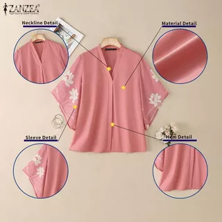 ZANZEA ใส่ ซานเซีย ผู้หญิงเกาหลีหรูหราวินเทจคอ โวลต์ 3/4 แขนบานดอกไม้พิมพ์หลวมพอดีเสื้อ