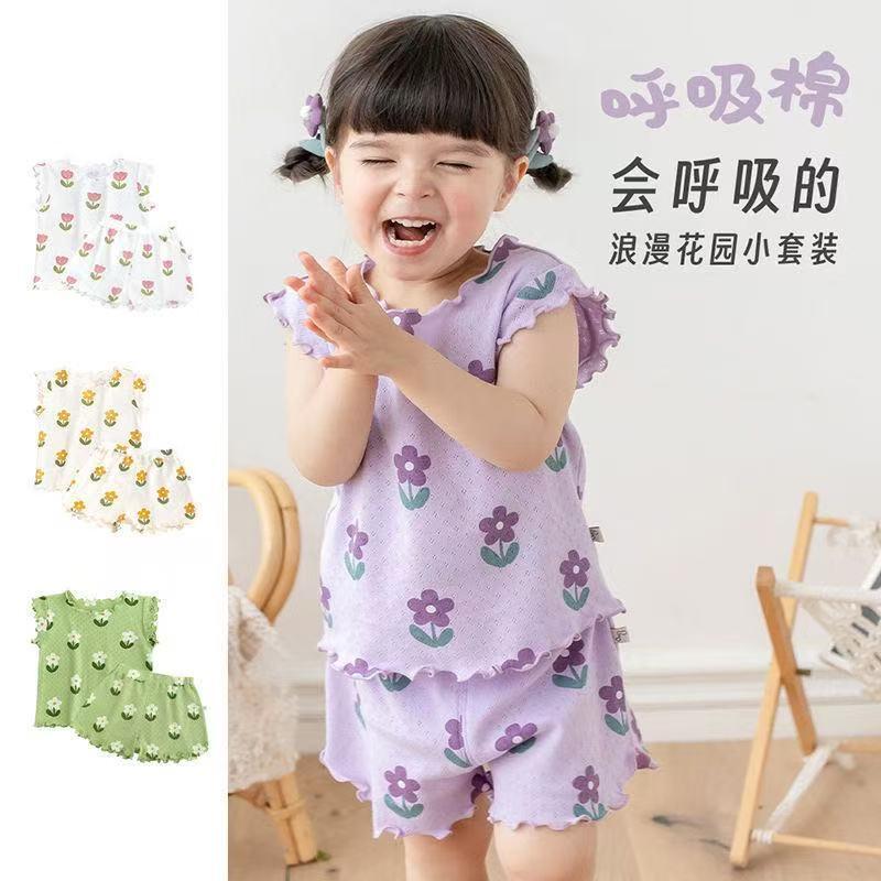 ฺฺPP04 ชุดนอนPerempuan 3-7ปีแขนสั้นพิมพ์ลายดอกไม้ + กางเกงขาสั้นชุดเด็กน่ารักใหม่ฤดูร้อน