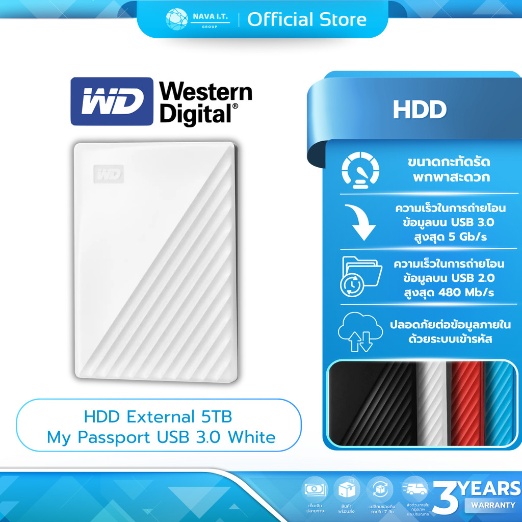 (มีส่งด่วน) WD HDD External 5TB My Passport USB 3.0 White [External HDD ฮาร์ดดิสก์พกพา 2.5"]