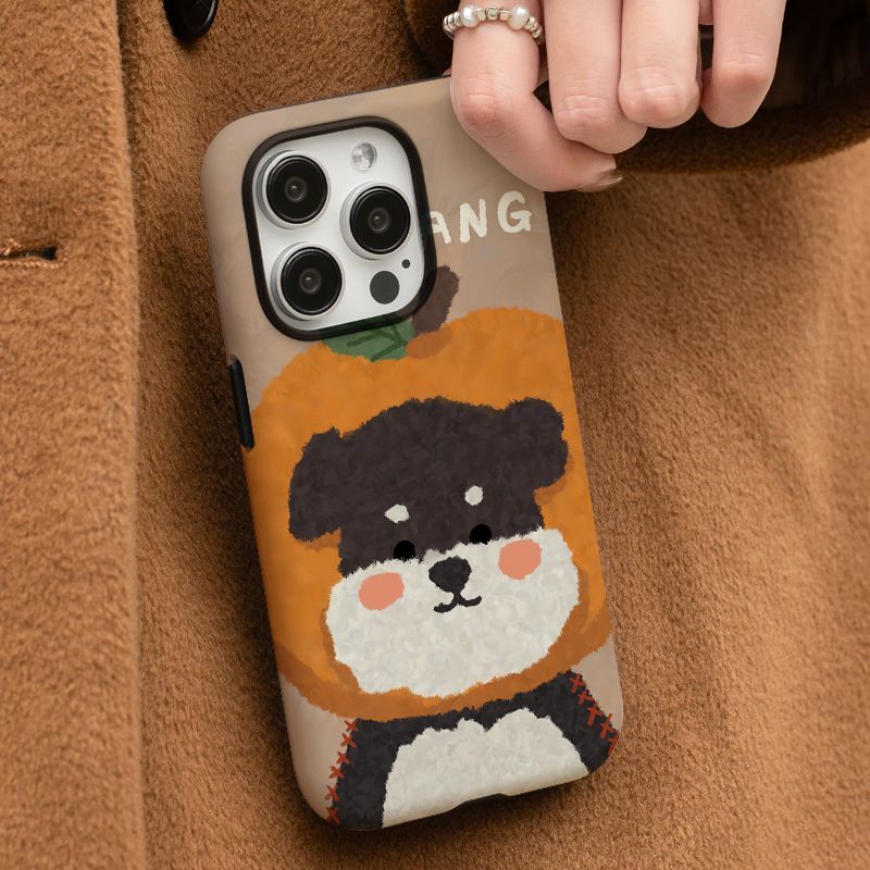 2-in-1 สีส้มลูกสุนัข Apple 17/16 เคสโทรศัพท์ iPhone 15 Pro Max ฟิล์มใหม่ 14/13 Creative 12/11 Pro Max 7/8 Plus สองชั้นเคสโทรศัพท์เคลือบเงา