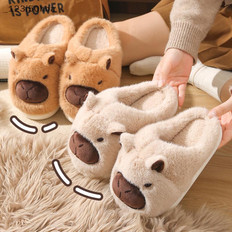 HBA รองเท้าแตะ capybara ผ้ากำมะหยี่ปิดนิ้วเท้า, รองเท้าใส่ในบ้านน่ารักลื่นสำหรับใส่เดินในห้องนอน