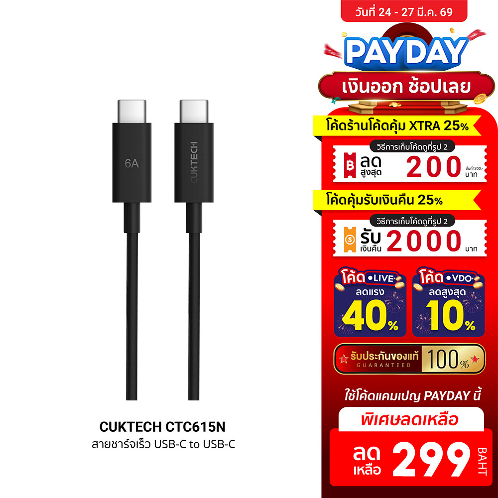 [ลดเหลือ 299] CUKTECH CTC615N 6A 240W สายชาร์จเร็ว USB-C ความยาว 1.5 m รองรับการชาร์จ PD3.1 -2Y