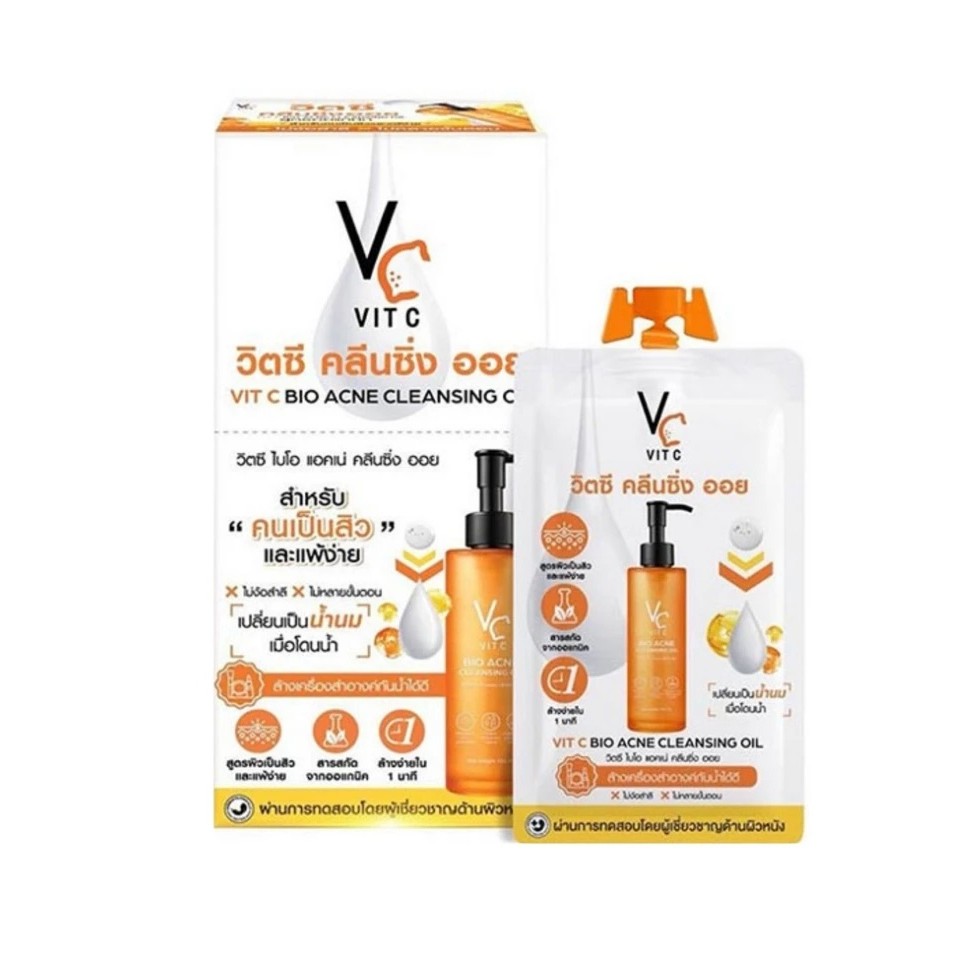 (ยกกล่อง x 6 ซอง) วิตซี คลีนซิ่งออย VC Vit C Bio Acne Cleansing Oil 18 ml.