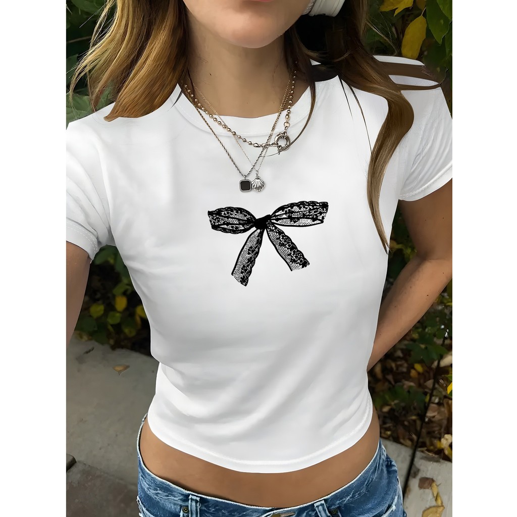 TWWomenS Y2K Style Crop Top เสื้อยืดลูกไม้ผีเสื้อ PrintKorea CUX1