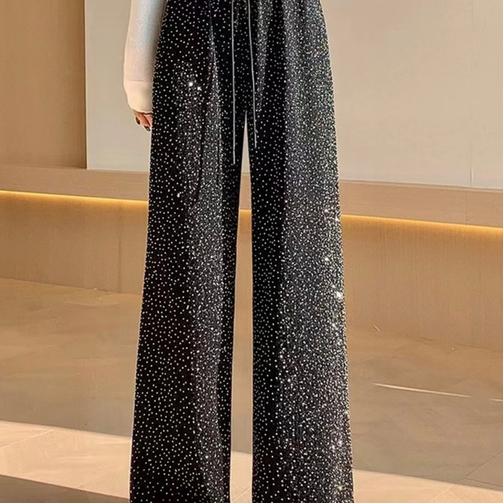 CD HOME กางเกงขายาวผู้หญิงเเฟชั่นใหม่ สินค้าขายดี ขากว้างผ้าไหมน้ําแข็งกางเกงเชือกรูดปรับระดับได้‌ พ