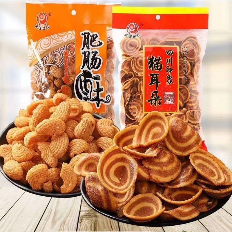 四川吴氏远久猫耳朵肥肠酥豆香锅巴麻辣小时候怀旧零食大袋装3-25Sichuan Wu's Yuanjiu Cat Ear Crispy Bean-flavored Spicy Rice Crackers, Nostalgic Snacks from Childhood, Large Pack 3-25