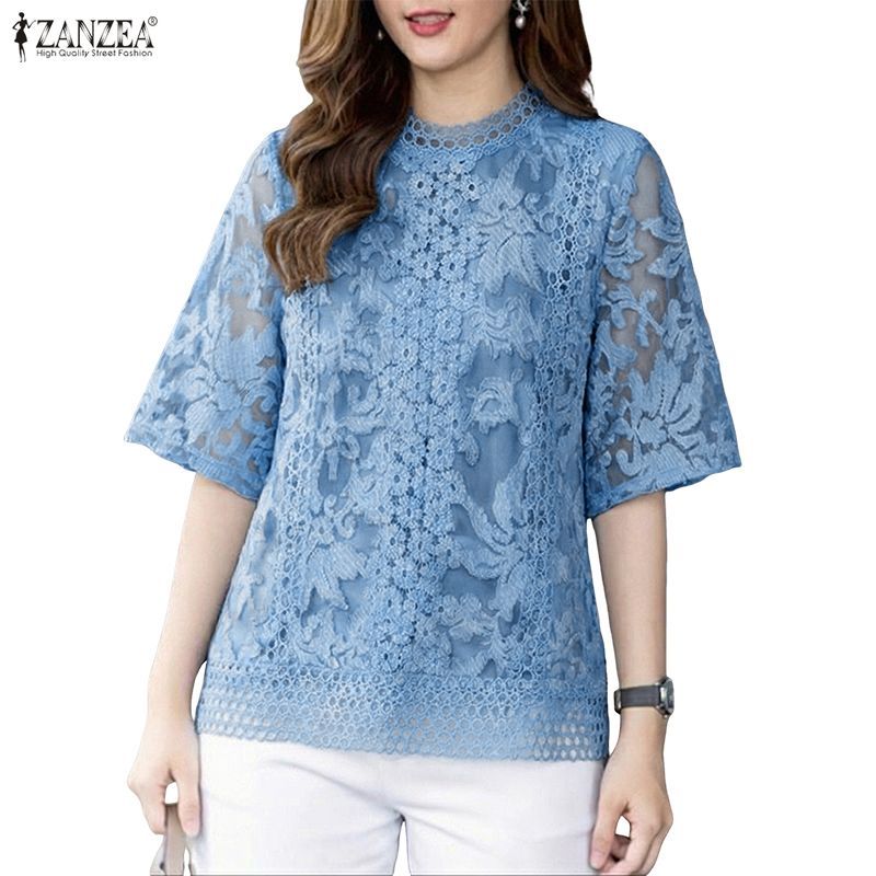 ZANZEA ซานเซีย ลายดอกไม้และลูกไม้ สีทึบยืน.autoconfigure_half Sleeve Top เหมาะสำหรับผู้หญิงสไตล์เกาหลี