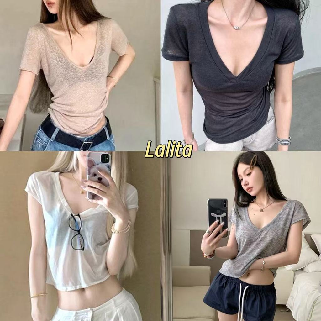 Lalita ส่งไวจากไทย เสื้อแขนสั้น คอวี ทรงหลวม กันแดด ใส่สบาย หวานเซ็กซี่ ผู้หญิง