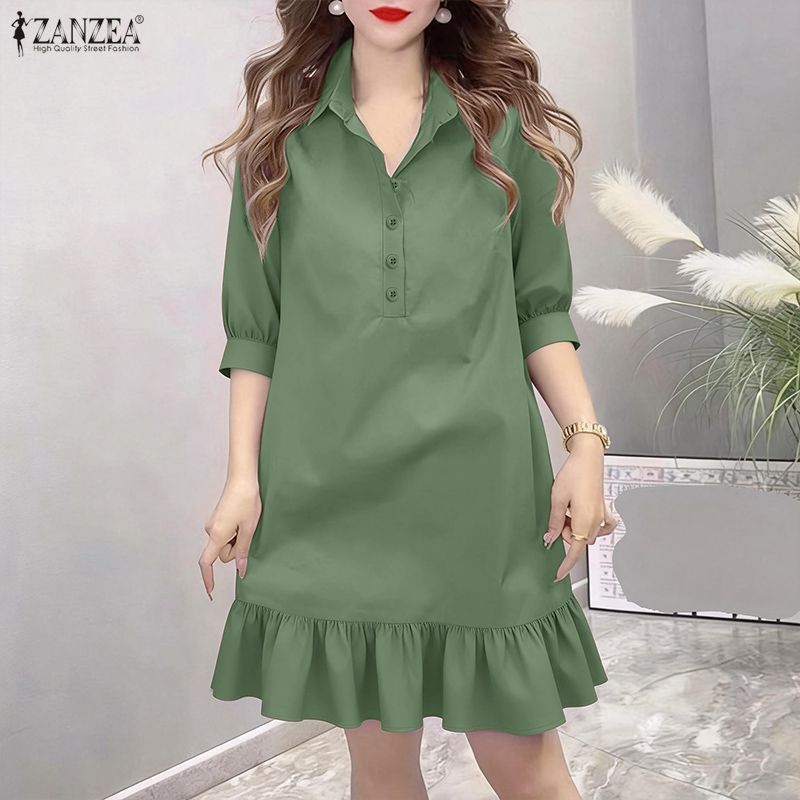ZANZEA ชุดสำนักงานสไตล์เกาหลี สไตล์เรียบหรู กระดุมปุ่มพับ แขนสามส่วน และขอบกระโปรงระบาย — صورة 5