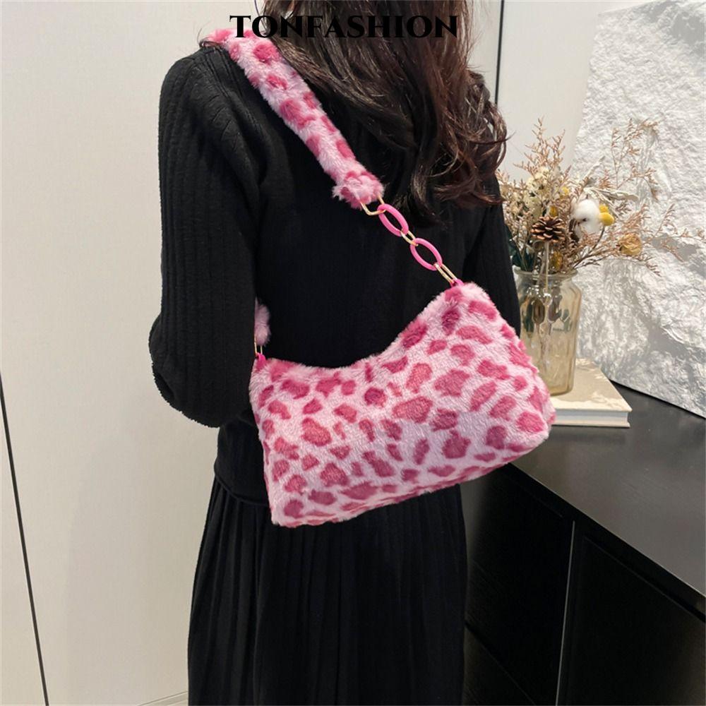 TONFASHION กระเป๋าสะพายไหล่,เสือดาวพิมพ์ Puffy Totes กระเป๋า, Casual Plush ความจุขนาดใหญ่กระเป๋าใต้วงแขนสําหรับผู้หญิงหญิง