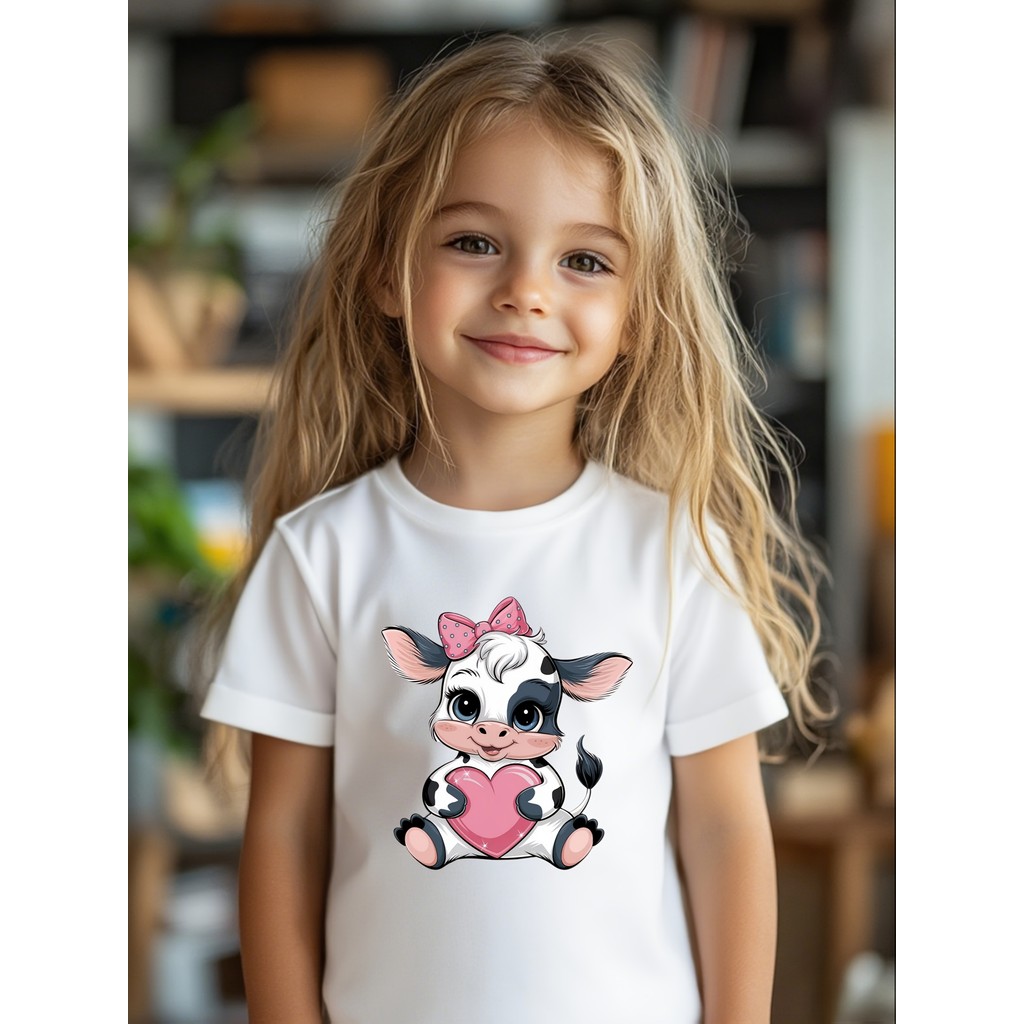 เสื้อยืดแฟชั่นสำหรับเด็กผู้หญิง Mo Qitong ลายการ์ตูนวัว