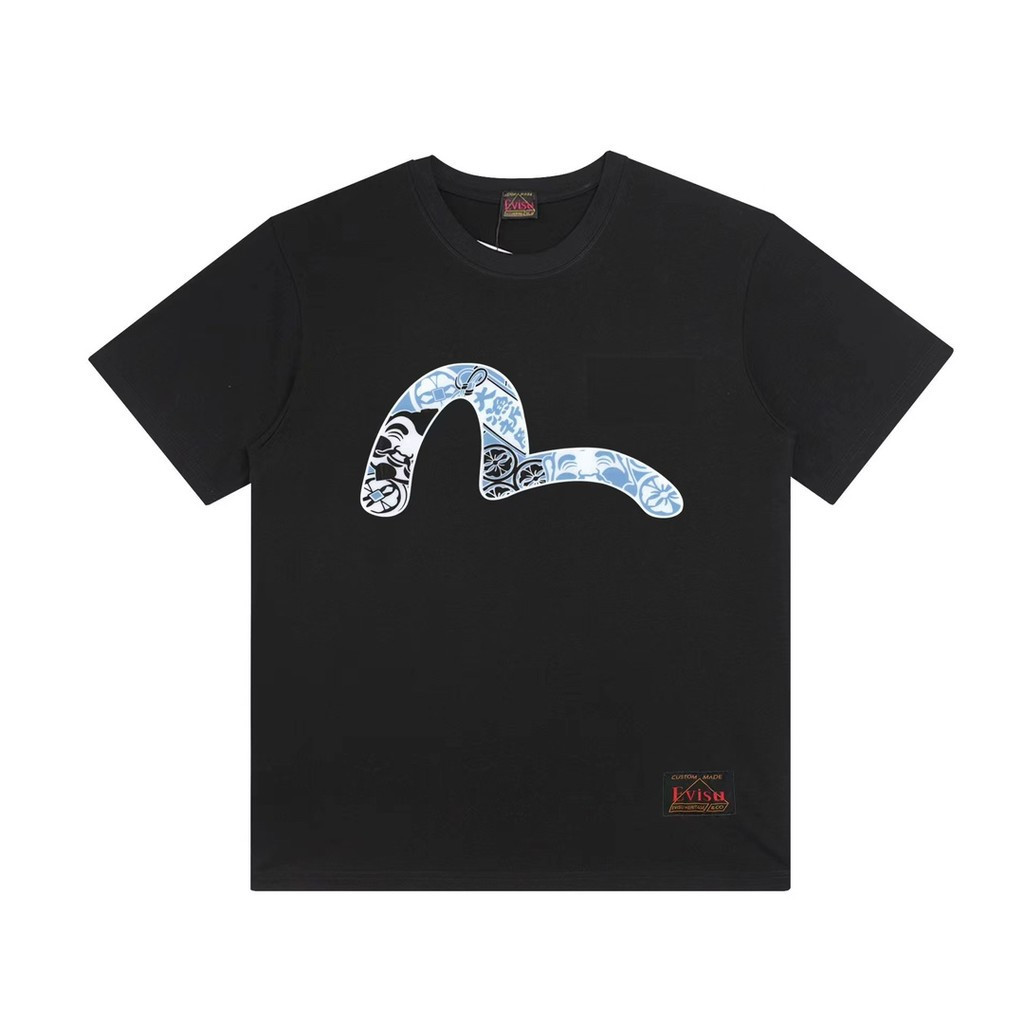 EVISU/God of Fortune/6XL คลาสสิกรอบคอแขนสั้นเสื้อยืดผู้ชายผู้หญิงสไตล์ขนาดใหญ่ Slim-fit ดูอเมริกันแน