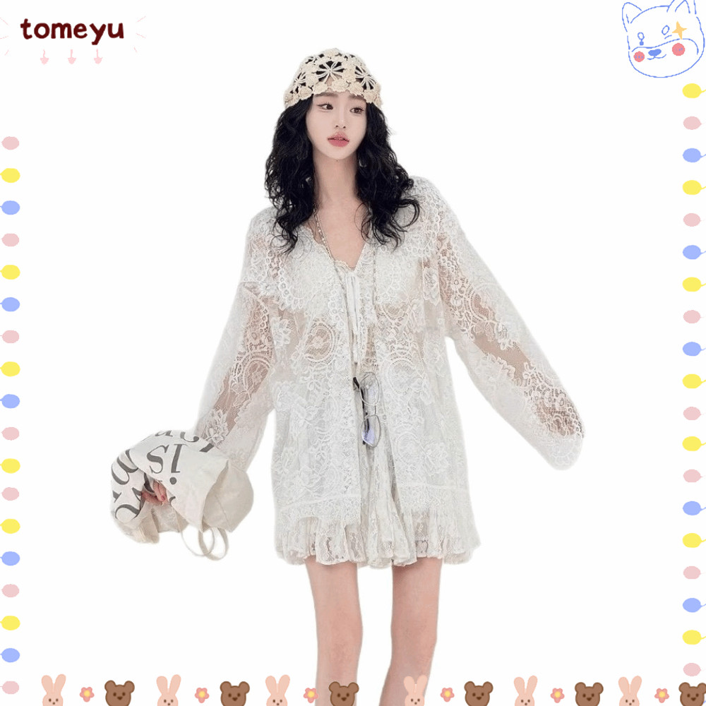 เสื้อแขนยาวลายลูกไม้ IRT ป้องกันแสงแดด แบบ breathable สไตล์หลวม fit คอ sweetheart ยาว เปิดหน้าอก เสื