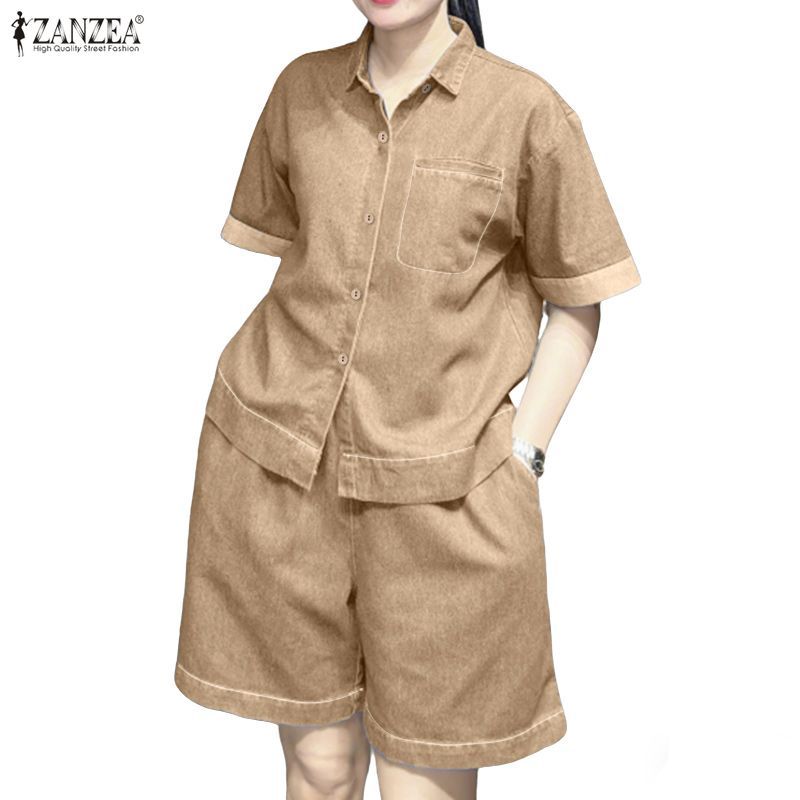 ZANZEA เสื้อเชิ้ตแขนสั้นลําลองสไตล์เกาหลีสําหรับผู้หญิงและกางเกงขาสั้นเอวยางยืดหลวมชุดสองชิ้น — صورة 4