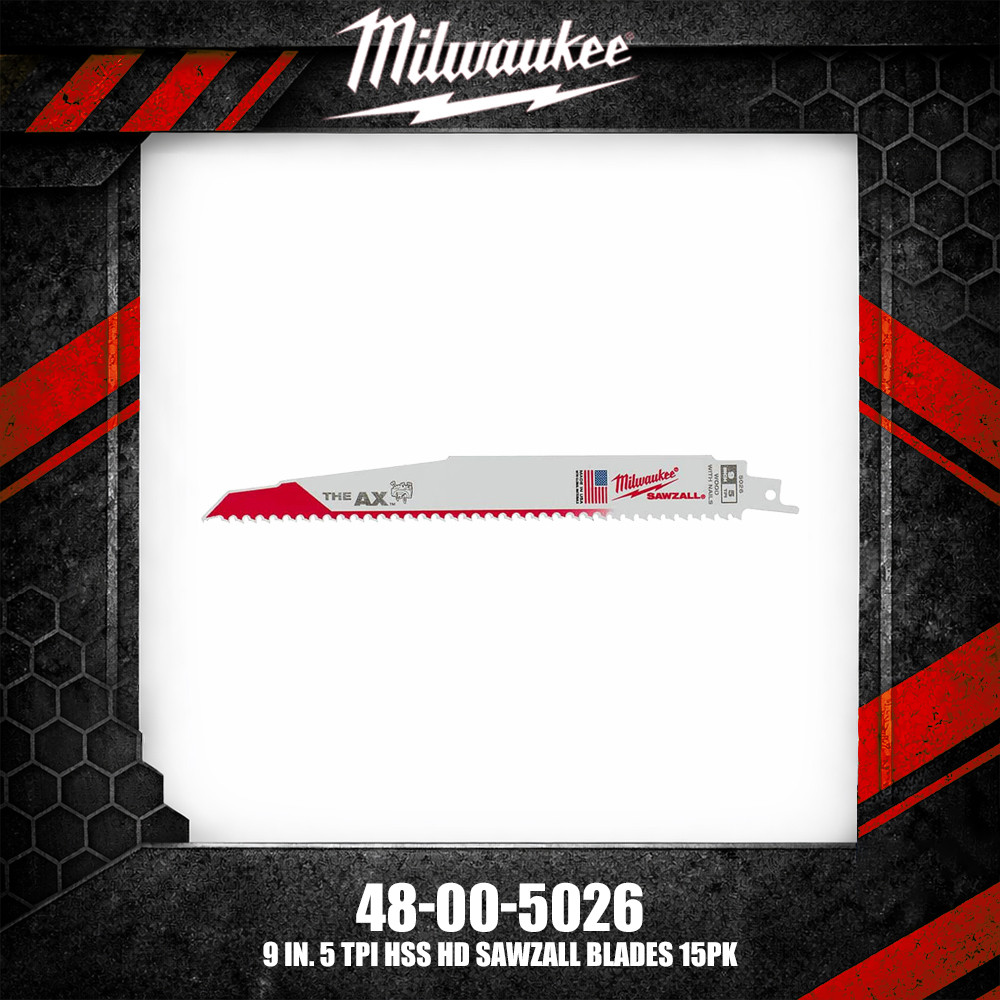 มิลวอกี 48-00-5026 9 นิ้ว 5 TPI HSS HD Recip Saw Blade 5PK อุปกรณ์เครื่องมือ