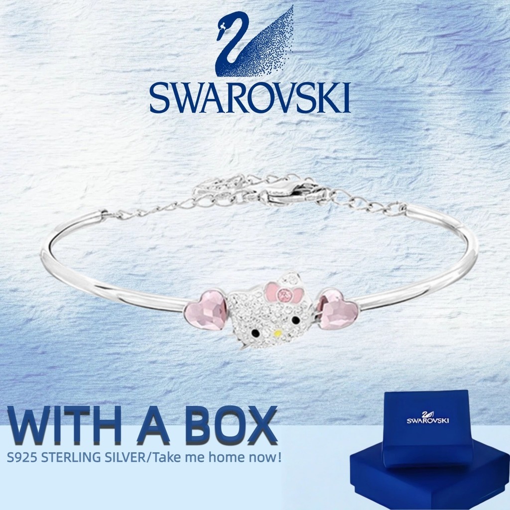 SWAROVSKI สร้อยข้อมือสวารอฟสกี้ สวัสดี คิตตี้ หัวใจสร้อยข้อมือหญิงเงินสเตอร์ลิงปรับสร้อยข้อมือที่สวยงามแฟนที่เรียบง่ายส