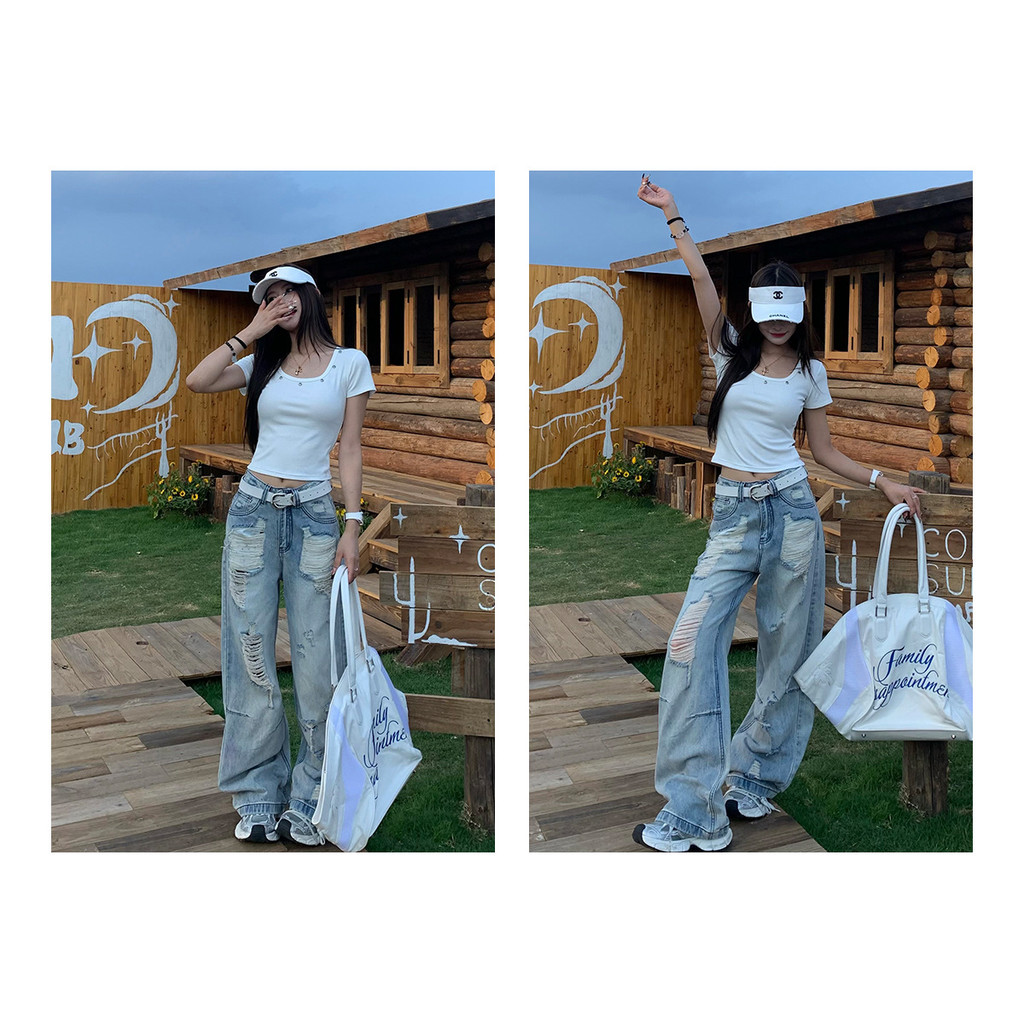 American High Street Ripped Jeans Women 2026 Design Retro Loose Lazy Wide-Leg Pants