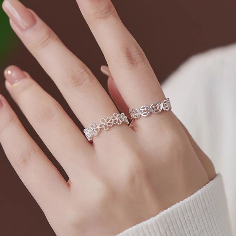 国潮新款财铜纯棉复古指食女新款999指小开口拼接纯色ใหม่โชคดีทองแดงวินเทจนิ้วชี้หญิงเงินสเตอร์ลิงgg