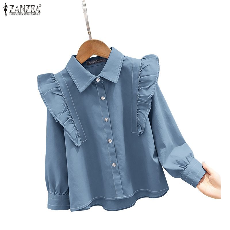 .getZANZEA เสื้อแขนยาวสำหรับผู้หญิง สไตล์เกาหลีเรโทร ตัดเย็บด้วยลายระบายและปุ่ม เป็นเสื้อที่น่ารักและเก๋ไก๋