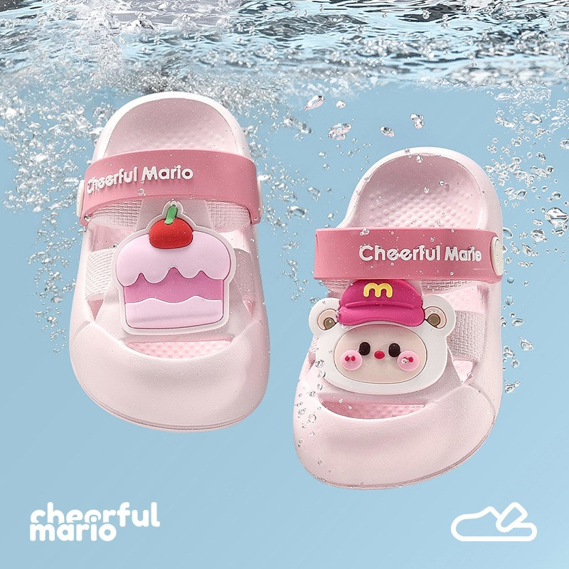 Cheerful Mario 14-19ซม รองเท้าลุยน้ําเด็ก รัดส้น นุ่ม เค้กสีชมพู รองเท้าหัวโตเด็ก ฤดูร้อน แฟชั่น แตะเด็กเล็ก
